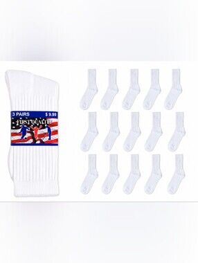 12 Pairs Men's Cotton Crew Everyday Plain Solid White Socks Size 10-13
